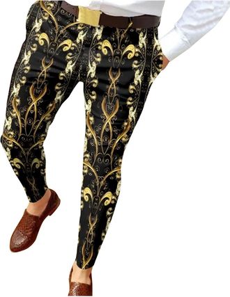 Generic Mens Workout Outdoor Elasticated Waist Draw Pants Male Four Seasons Trousers Suit Business Casual Printed Pocket Button Pants Warm House (Black, L)