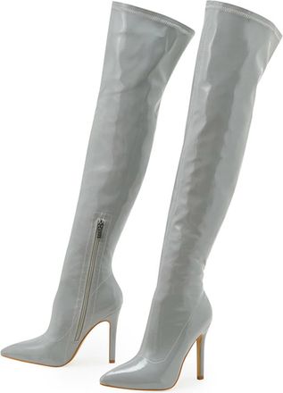 Generic Gray,7.5 UK,Womens Patent Leather PU Thigh High Boots Pointy Toe Side Zippe Fashion Comfy Stiletto High Heel Over The Knee Boot Fall Winter Dress Shoe