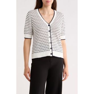 Adrianna Papell Stripe Short Sleeve Cotton Cardigan in Ivory/Navy at Nordstrom Rack, Size X-Small