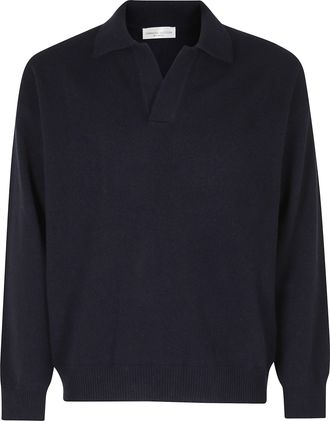 Roberto Collina Navy Skipper-Neck Ribbed Cuffs Merino Wool Sweater
