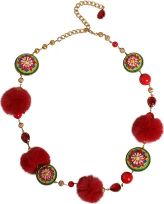 Dolce & Gabbana Womens Gold Brass Red Fur Crystal Waist Torero Belt
