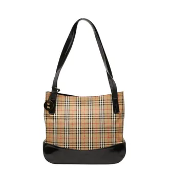 Burberry Beige Black Canvas Leather Shoulder Bag Tote Bag (Pre-Owned)
