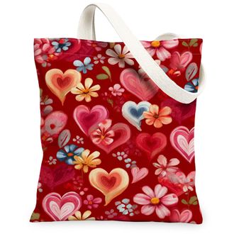 Generic ValentineS Day Floral Canvas Tote Bags, Heart Pattern Reusable Grocery Bags, Lightweight Washable Shoulder Strap Canvas Fo, Red, 13x15 Inch
