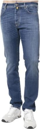 Jacob Cohen Slim Fit Gewassen Blauwe Jeans met Gele Stiksels - Heren - Regular Fit Jeans - Blauw - W31 - Katoen - Jeans