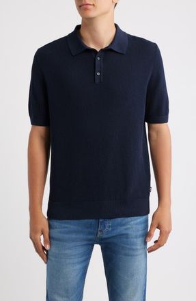 BOSS Lancio Solid Cotton Waffle Polo Sweater in Dark Blue at Nordstrom, Size Xx-Large