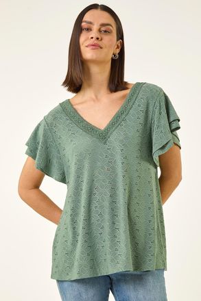 Roman Broderie Detail V-Neck Stretch Top