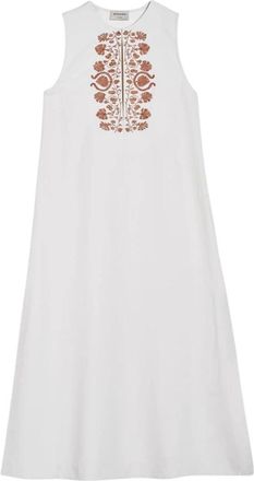 Zeus + Dione Ivoor Zijden Midi Jurk met Bloemenborduursel - Dames - Casual kleedjes - Wit - 2XS - Kleedjes