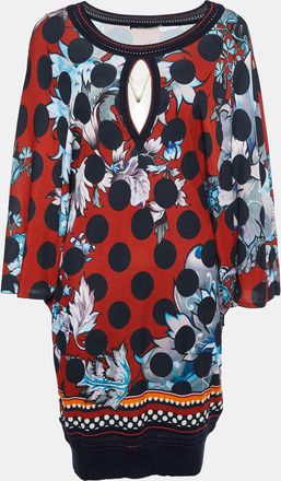 Roberto Cavalli Red Floral Printed Jersey & Knit Trim Mini Dress