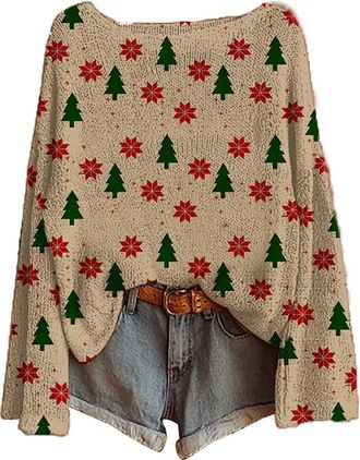 Generic Christmas Jumpers for Women Xmas Tree Print Ladies Xmas Tops Funny Christmas Sweater Boho Sweatshirt Pullover