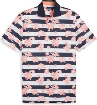 Puma Garden Pique Polo Mens Pink White Floral Striped Golf Shirt RED1104
