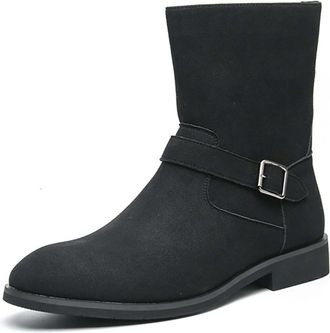 Generic Mens Faux Suede Short Boots with Buckle Round Toe Chelsea Boots with Buckle Flat Heel Mid-Calf Boot,Black,12.5 UK