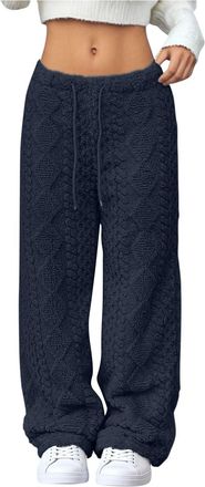 Generic Womens Casual Trousers Fleece Lined Trousers Women Loose Fit Straight Elasticated Waist Bottoms Pants for Women UK S-XXL (Navy, L)