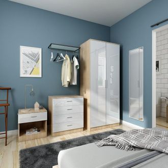 Elegant Lighting Modern High Gloss Wardrobe and Cabinet Furniture Set 2 Doors Wardrobe and 4 Drawer Chest and Bedside Cabinet, White/Oak - Elegant