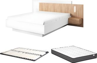 Vente-Unique Cama con mesas de noche 160 x 200 cm - 2 cajones - Con LEDs - blanco y natural + Somier + colch&oacute;n - FRANCOLI