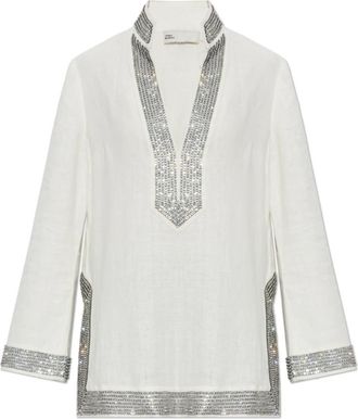 Tory Burch Verfraaide Linnen Tuniek - Dames - Tunieken - Wit - M - Linnen - Overhemden