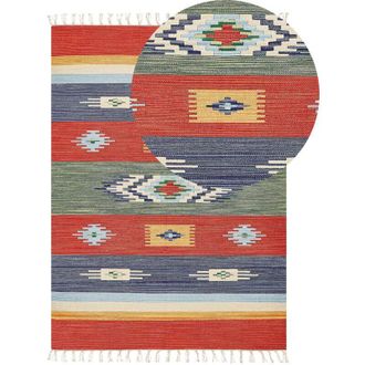 Beliani Tappeto Kilim in cotone tessuto a mano reversibile con motivi geometrici e nappe multicolore 140 x 200 cm Kamaris