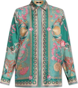 Versace Shirts, female, Green, Size: 2XS Silk shirt with Underwater Barocco print