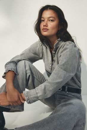 H&M Ruffle-trimmed denim blouse in Gray at Nordstrom, Size X-Small