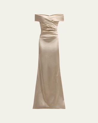 Teri Jon Pleated Off-Shoulder Satin Column Gown