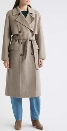 BOSS Caspina Belted Double Faced Wool Blend Trench Coat in Chrcl at Nordstrom Rack, Size 10