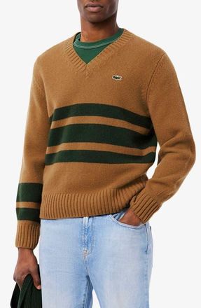 Lacoste Classic Stripe Wool V-Neck Sweater in Date Brown/Sinople at Nordstrom, Size 8