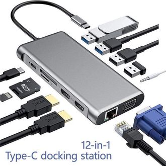 OEM Hub Usb C Hdmi - Adaptateur Multiport 12en1, Dual Hdmi Et Vga, Carte Sd/tf, 4 Ports Usb, Docking Station Pour Macbook