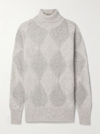 Brunello Cucinelli Pullover A Collo Alto In Misto Lana E Mohair A Intarsio A Rombi Con Paillettes - Grigio