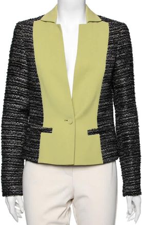 Elie Saab Black & Green Tweed Crepe Paneled Cropped Blazer