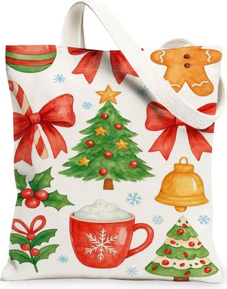 Generic Christmas Holiday Canvas Tote Bags, Festive Design Reusable Grocery Bags, Vintage Lightweight Washable Shoulder Strap Canvas, White, 13x15 Inch