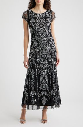 Pisarro Nights Beaded Mesh Midi Cocktail Dress in Black/Silver at Nordstrom, Size 18