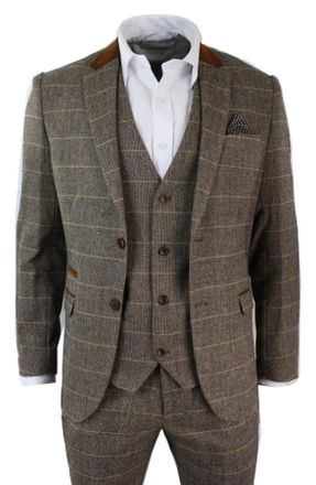 Infinity Leather Mens 3 Piece Tan Tweed Check Suit - Size 44 (Chest)