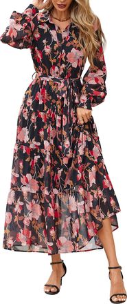 PrettyGarden Womens Fall Dress 2025 Casual Long Sleeve Button Down Belted Boho Floral Flowy Maxi Wedding Guest Dresses, Black Orange Floral, XL