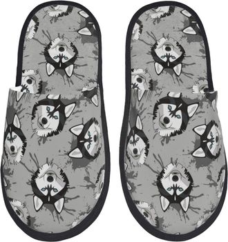 Generic Slippers Cute Husky Dog Grey Print Funny Reusable Plush Slippers Cozy Indoor Shoes For Travel Room Bedroom M