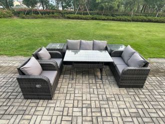 Fimous Dark Grey Rattan Garden Furniture Set Reclining Chair Love Sofa 2 Seater Sofa Set Outdoor Rectangular Dining Table 2 Side Tables 7 Seater