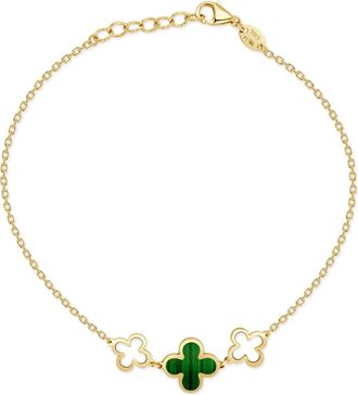 Italian Gold, Inc 14K Yellow Gold Alternating Clover & Open Clover Bracelet 3 Stations - Malachite