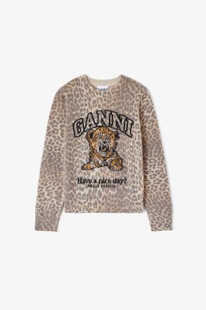 Ganni Brown Sweater with Tiger - Size XXS Wool