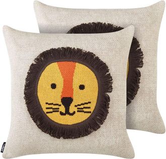 Beliani Beliani - Conjunto De 2 Cojines Decorativos Para Habitaci&oacute;n Infantil Motivo Le&oacute;n Funda Algod&oacute;n Beige Sarangar