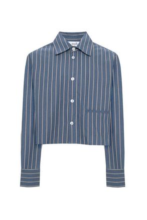Midi Cropped Striped Button Front Box Pleat Blouse in Dark Denim at Nordstrom, Size Xx-Large