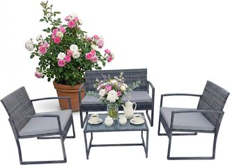 Relaxdays Relaxdays Set De Jard&iacute;n, 4 Pzas., Rat&aacute;n Sint&eacute;tico Para 4, Banco, 2 Sillas Y Mesa De Cristal, Lounge Exterior, Gris