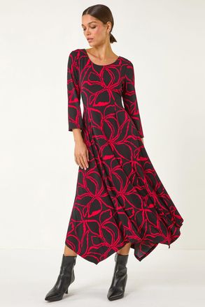 Roman Leaf Print Hanky Hem Stretch Midi Dress
