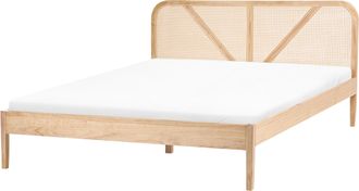 Beliani Cama De Madera Estilo Retro Cabecero Rat&aacute;n 160 X 200 Cm Somier De Listones Marr&oacute;n Claro Belleme
