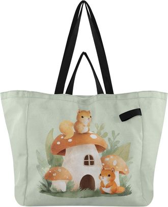 Generic Squirrel Orange Mushroom print Reusable Canvas Tote Bag, Heavy Duty Grocery Shopping Bag with Hard Bottom Double Handles Large Capacity Work Groceries