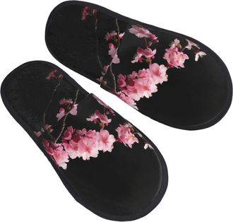 Generic Soft Cotton Slipper Japanese Cherry Flowers print Fluffy Slipper Plush Winter Slippers for Guest Bedroom Family L