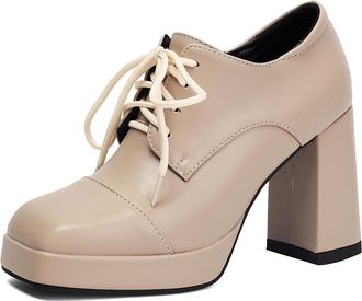 Generic Womens Chunky High Heel Platform Pumps Square Toe PU Leather Retro Dress Shoes Lace Up Heeled Brogues,Apricot,5.5 UK