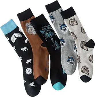 Generic Wolf Gift Box, 5 Pairs Mens Wolf Socks, UK Size 7-11
