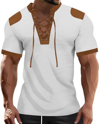 Generic Men Fashion T Shirt, Summer Lightweight Casual Lace-up V Collar Shirts, Regular Fit Short Sleeve Solid Color Shirt Tops, Vintage Classic Fit Henley Sh