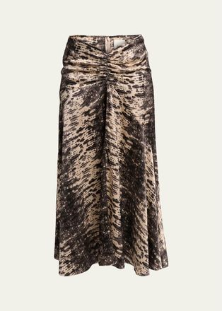Isabel Marant Laren Python-Print Ruched Silk Midi Skirt