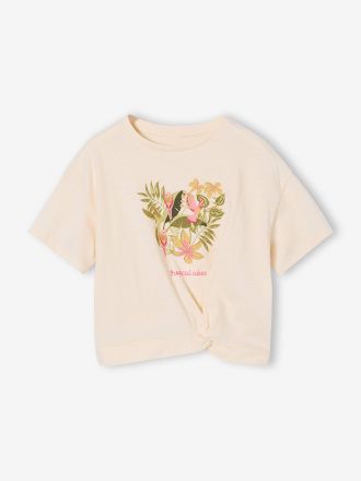 Vertbaudet T-Shirt M&auml;dchen mit Zierknoten am Saum, Recycling-Baumwolle wollwei&szlig;