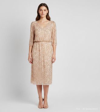 Jenny Packham Pink-Gold Chiffon Sequin Embellished Midi Dress