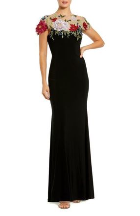 Mac Duggal Floral Embellished Jersey Fitted Gown in Black Multi at Nordstrom, Size 16